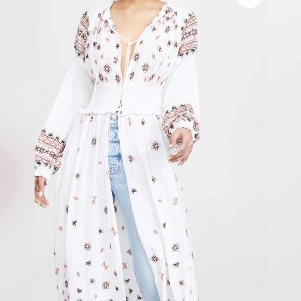 Free People Cream Duster Dress with Red and Black Embroidery - Picture 2 of 5